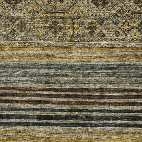 8' X 10' Gray Gold And Brown Striped Washable Area Rug With UV Protection