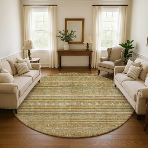 8' Artichoke Green Gold And Gray Striped Washable Round Rug With UV Protection