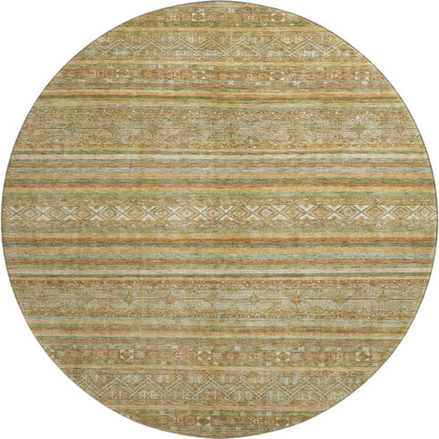 8' Artichoke Green Gold And Gray Striped Washable Round Rug With UV Protection