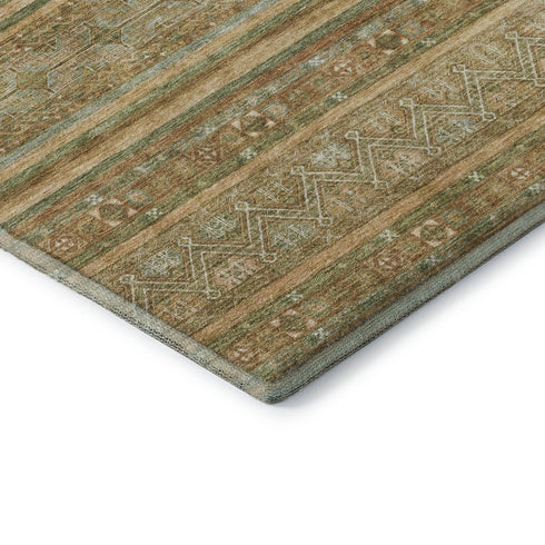 8' Artichoke Green Gold And Gray Striped Washable Round Rug With UV Protection