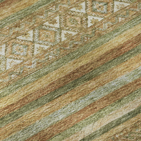 8' Artichoke Green Gold And Gray Striped Washable Round Rug With UV Protection