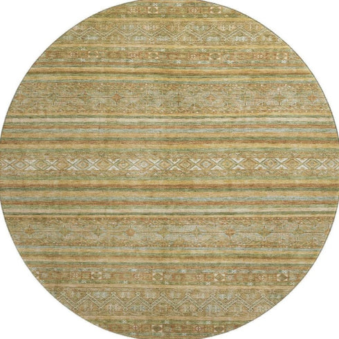 8' Artichoke Green Gold And Gray Striped Washable Round Rug With UV Protection