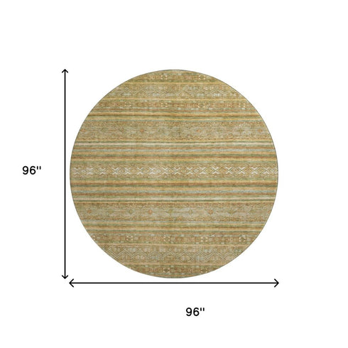 8' Artichoke Green Gold And Gray Striped Washable Round Rug With UV Protection