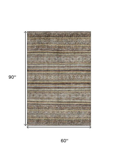 5' X 8' Brown Gray And Silver Striped Washable Area Rug With UV Protection