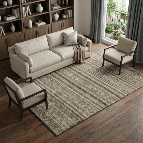 8' X 10' Brown Gray And Silver Striped Washable Area Rug With UV Protection
