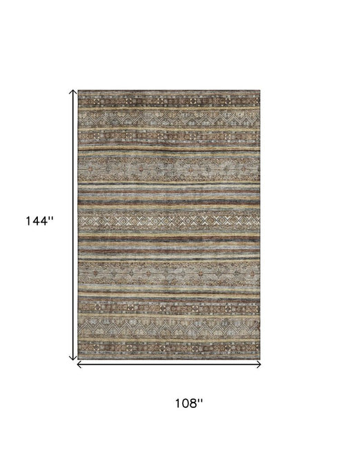 9' X 12' Brown Gray And Silver Striped Washable Area Rug With UV Protection