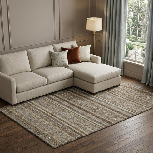9' X 12' Brown Gray And Silver Striped Washable Area Rug With UV Protection