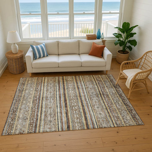9' X 12' Brown Gray And Silver Striped Washable Area Rug With UV Protection
