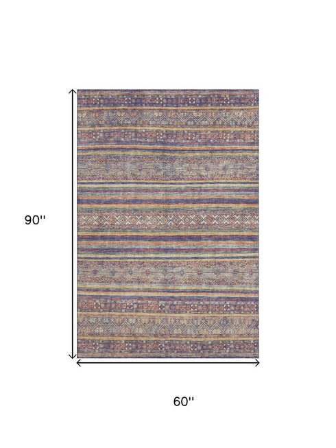 5' X 8' Blue Beige And Gray Striped Washable Area Rug With UV Protection
