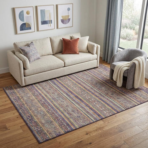 5' X 8' Blue Beige And Gray Striped Washable Area Rug With UV Protection