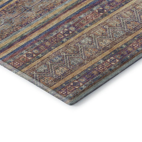 5' X 8' Blue Beige And Gray Striped Washable Area Rug With UV Protection
