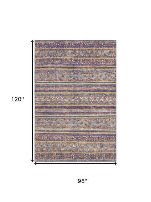 8' X 10' Blue Beige And Gray Striped Washable Area Rug With UV Protection