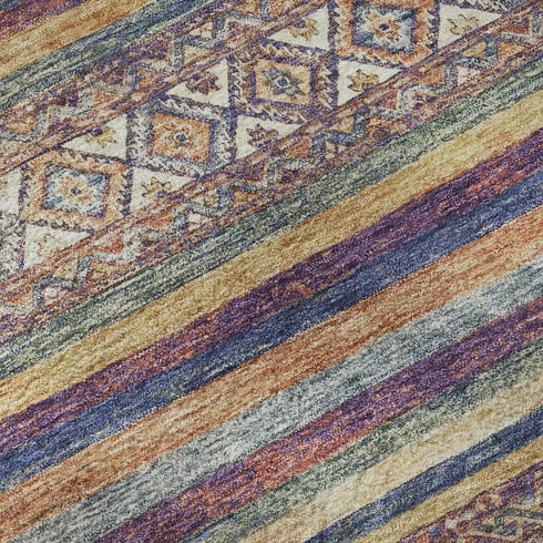 8' X 10' Blue Beige And Gray Striped Washable Area Rug With UV Protection