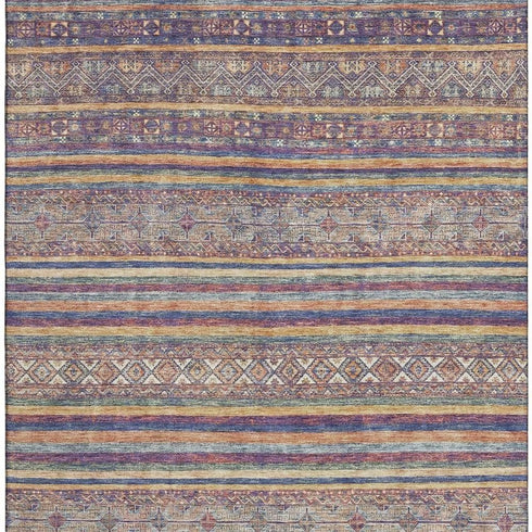 8' X 10' Blue Beige And Gray Striped Washable Area Rug With UV Protection