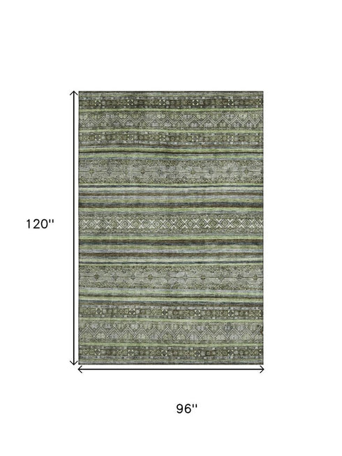 8' X 10' Olive Green Gray And Silver Striped Washable Area Rug With UV Protection