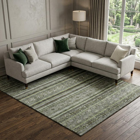 8' X 10' Olive Green Gray And Silver Striped Washable Area Rug With UV Protection