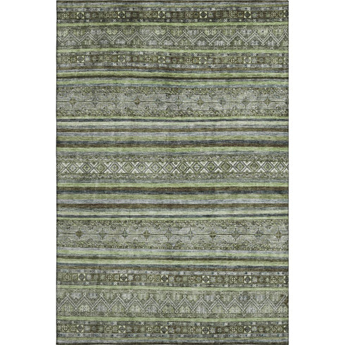 8' X 10' Olive Green Gray And Silver Striped Washable Area Rug With UV Protection