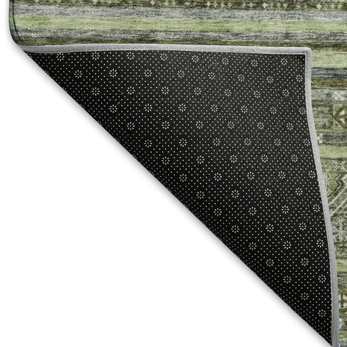 8' X 10' Olive Green Gray And Silver Striped Washable Area Rug With UV Protection