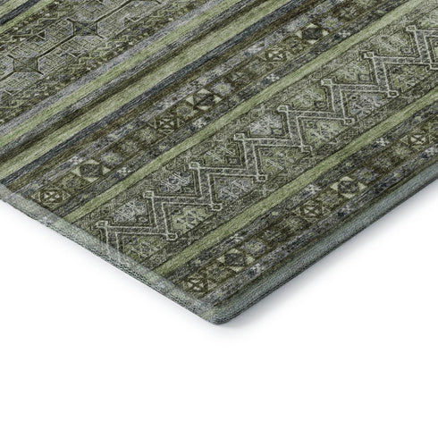 8' X 10' Olive Green Gray And Silver Striped Washable Area Rug With UV Protection