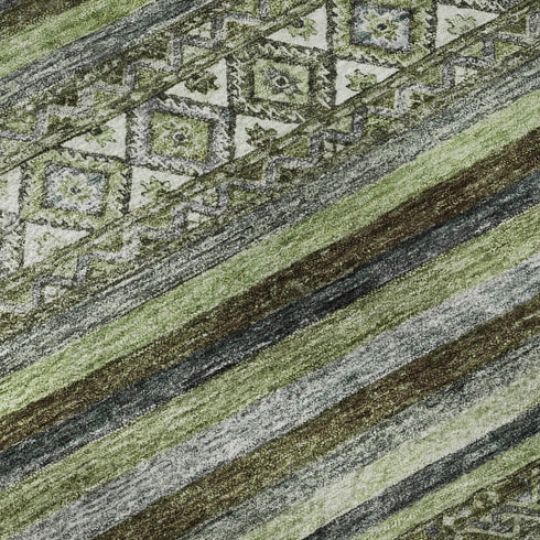 8' X 10' Olive Green Gray And Silver Striped Washable Area Rug With UV Protection