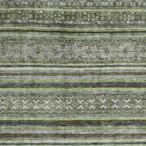 8' X 10' Olive Green Gray And Silver Striped Washable Area Rug With UV Protection