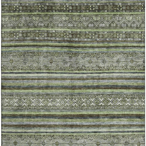 8' X 10' Olive Green Gray And Silver Striped Washable Area Rug With UV Protection