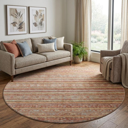 8' Rust Gold And Gray Striped Washable Round Rug With UV Protection