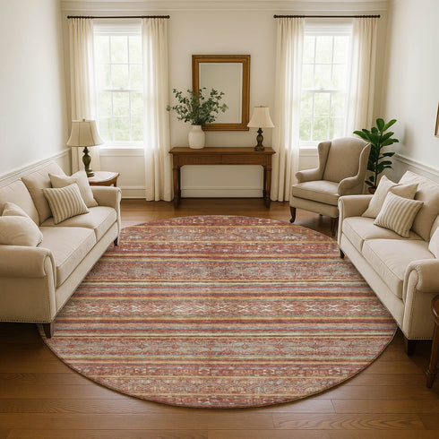 8' Rust Gold And Gray Striped Washable Round Rug With UV Protection