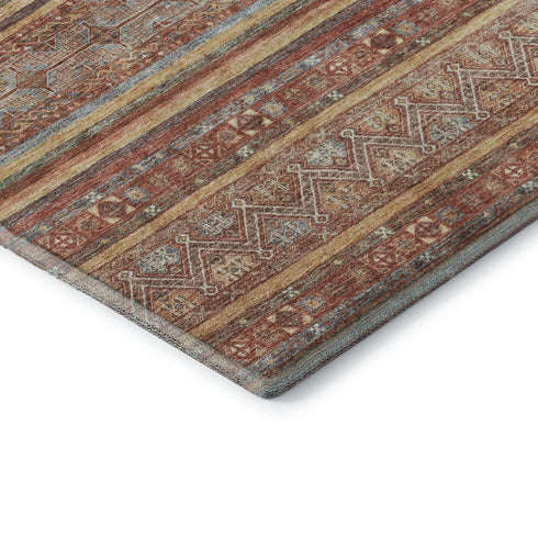 8' Rust Gold And Gray Striped Washable Round Rug With UV Protection