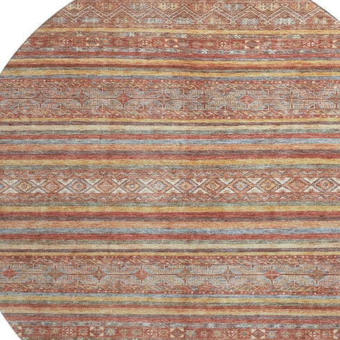 8' Rust Gold And Gray Striped Washable Round Rug With UV Protection
