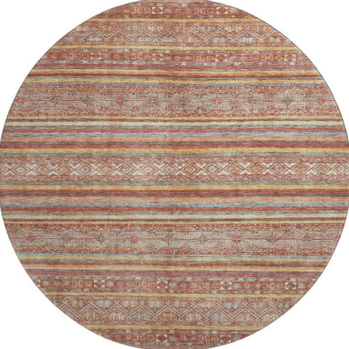 8' Rust Gold And Gray Striped Washable Round Rug With UV Protection