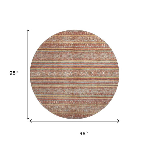 8' Rust Gold And Gray Striped Washable Round Rug With UV Protection