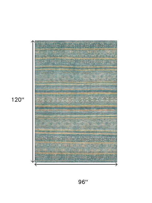 8' X 10' Teal Gold And Blue Striped Washable Area Rug With UV Protection