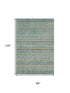 8' X 10' Teal Gold And Blue Striped Washable Area Rug With UV Protection