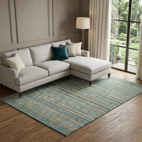 8' X 10' Teal Gold And Blue Striped Washable Area Rug With UV Protection