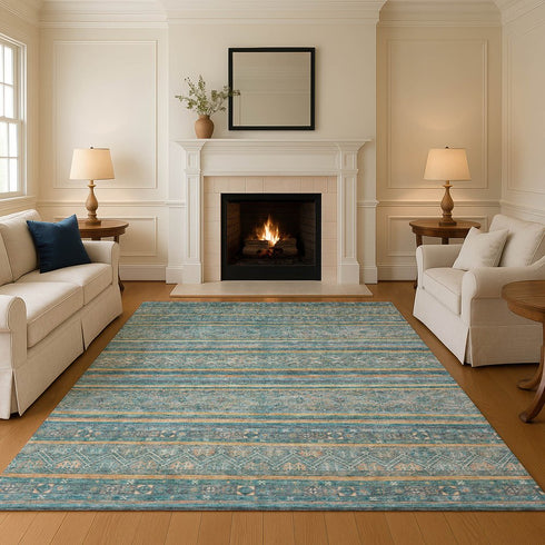8' X 10' Teal Gold And Blue Striped Washable Area Rug With UV Protection