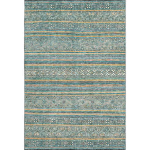 8' X 10' Teal Gold And Blue Striped Washable Area Rug With UV Protection
