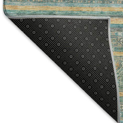 8' X 10' Teal Gold And Blue Striped Washable Area Rug With UV Protection