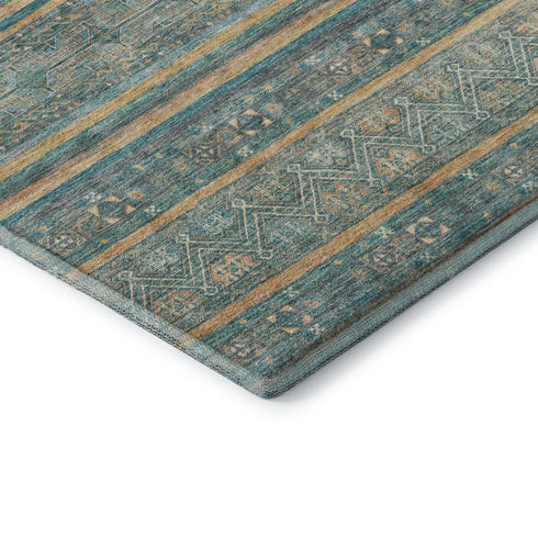 8' X 10' Teal Gold And Blue Striped Washable Area Rug With UV Protection