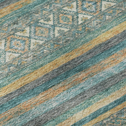 8' X 10' Teal Gold And Blue Striped Washable Area Rug With UV Protection