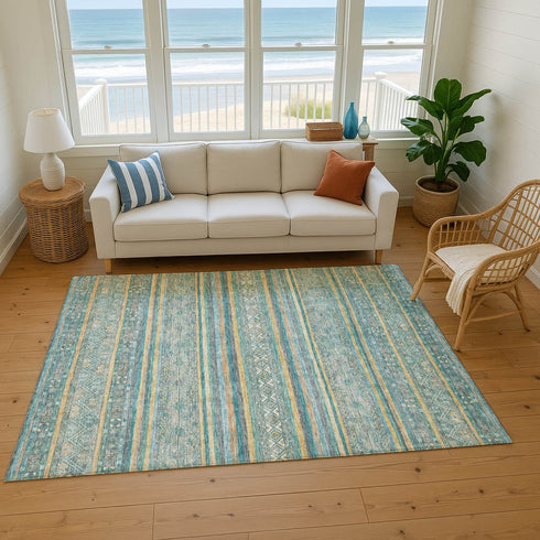 8' X 10' Teal Gold And Blue Striped Washable Area Rug With UV Protection