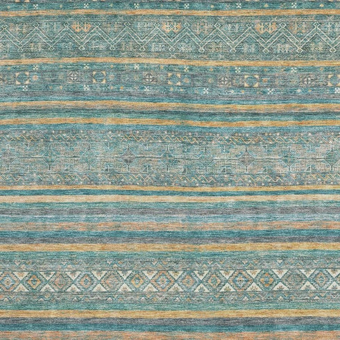 8' X 10' Teal Gold And Blue Striped Washable Area Rug With UV Protection