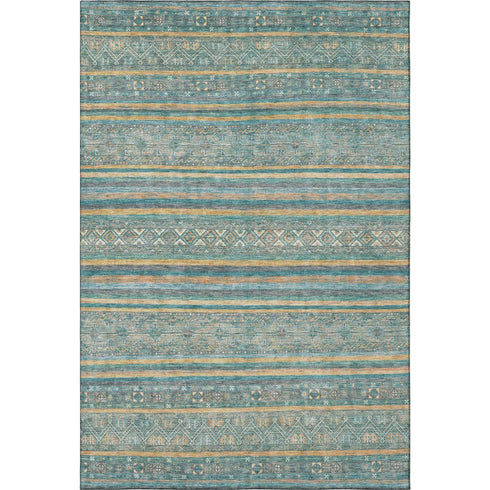8' X 10' Teal Gold And Blue Striped Washable Area Rug With UV Protection