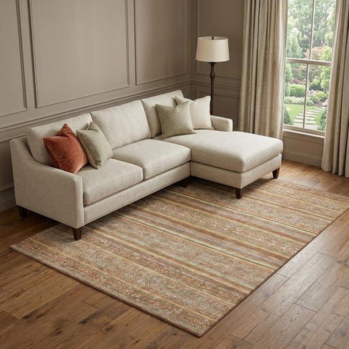 8' X 10' Terra Cotta Gold And Gray Striped Washable Area Rug With UV Protection