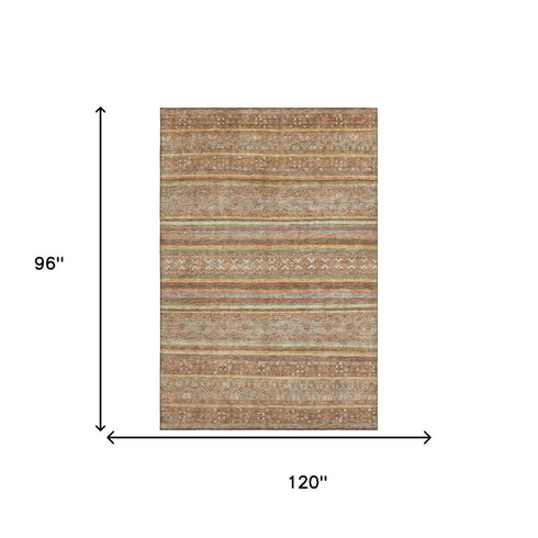 8' X 10' Terra Cotta Gold And Gray Striped Washable Area Rug With UV Protection