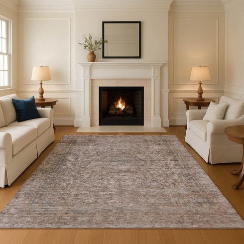 9' X 12' Brown And Beige Oriental Washable Area Rug With UV Protection
