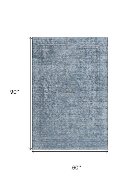 5' X 8' Blue And Gray Oriental Washable Area Rug With UV Protection