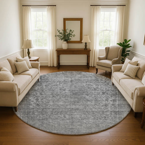 8' Gray And Silver Oriental Washable Round Rug With UV Protection