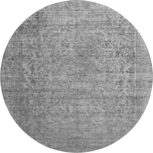 8' Gray And Silver Oriental Washable Round Rug With UV Protection