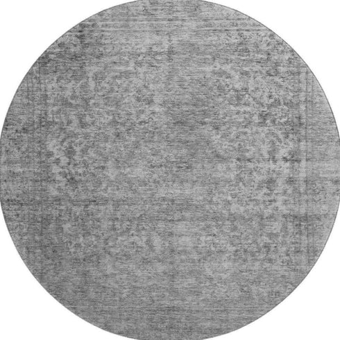 8' Gray And Silver Oriental Washable Round Rug With UV Protection